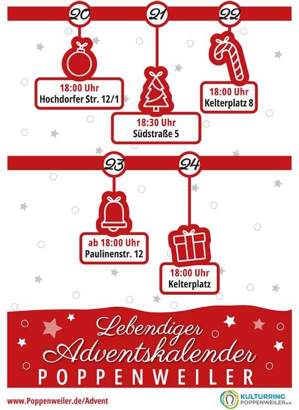 01.12. 18:30 Uhr Birkenrain 10<br />02.12. 17:30 Uhr Lauffenstraße 6<br />03.12. 18.30 Uhr Affalterbacher Str. 44<br />04.12. 17.30 Uhr Ev. St. Georgskirche<br />05.12. 18.30 Uhr Fleckenweinberge 10<br />06.12. 17.30 Uhr Affalterbacher Str. 35<br />07.12. 18.00 Uhr Kath. Kirche Affalterbacher Str. 55<br />08.12. 18.00 Uhr Sportplatz